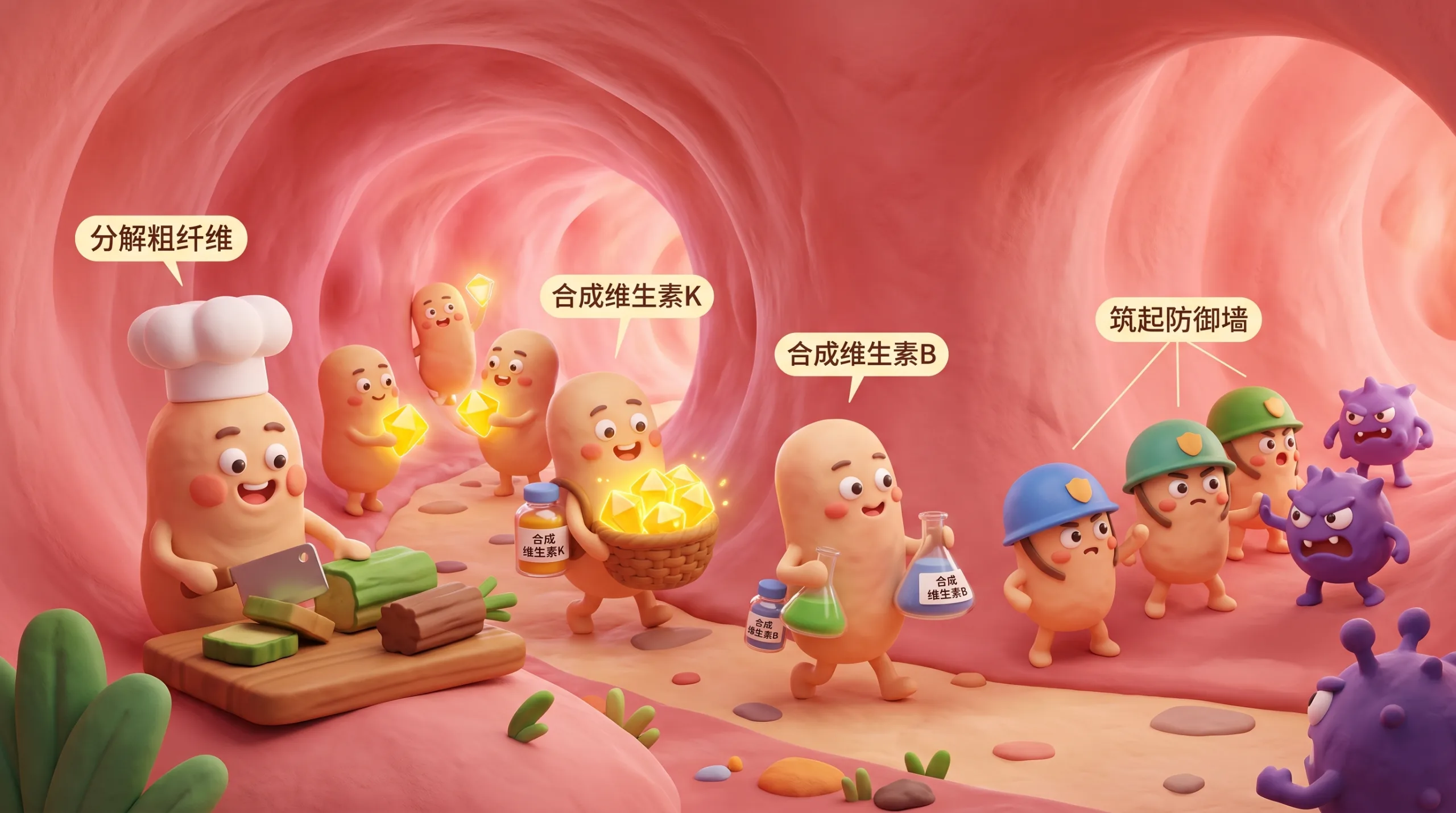 肠道菌群帮助消化、合成维生素的卡通图