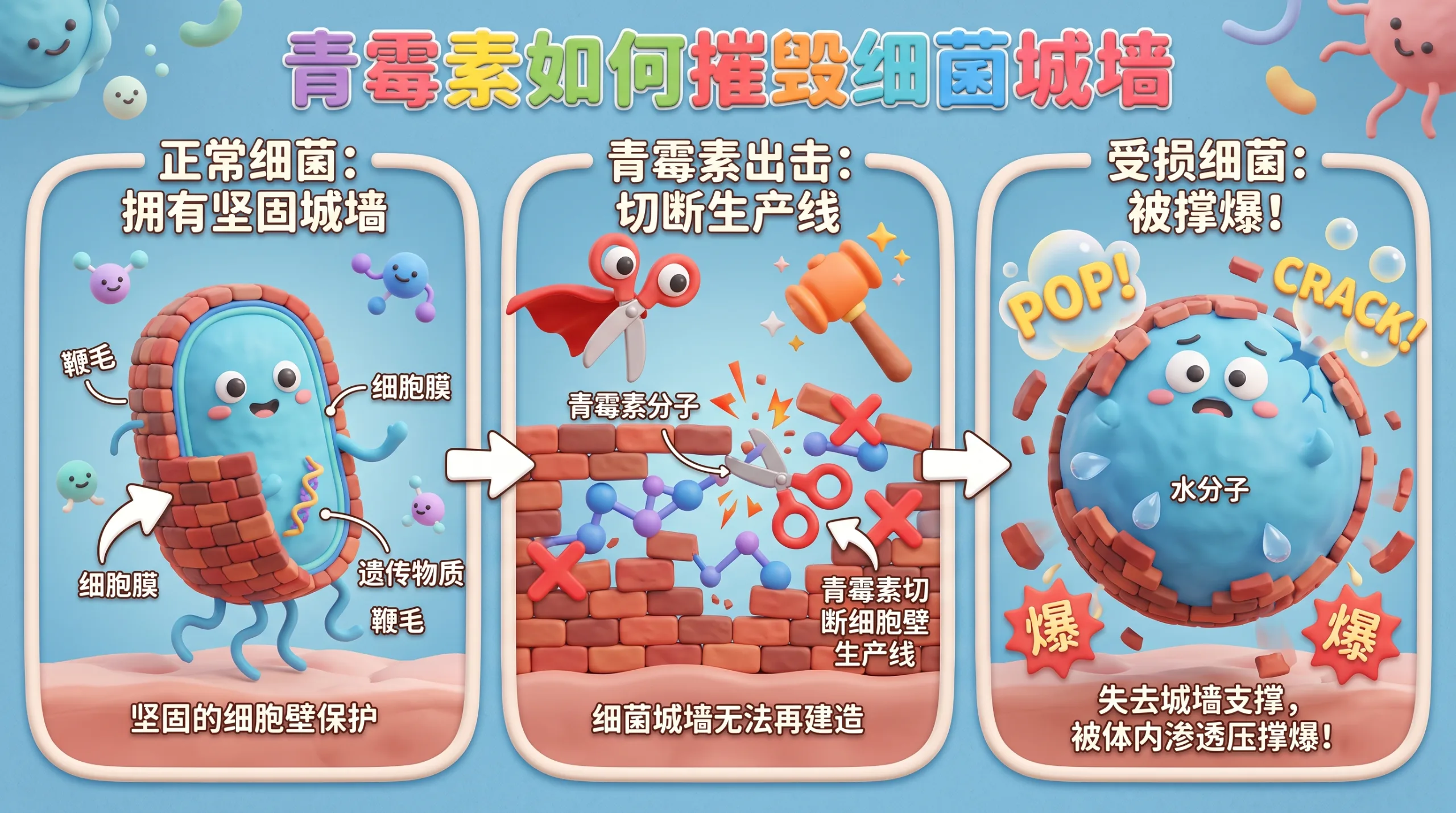 青霉素破坏细菌细胞壁的示意图